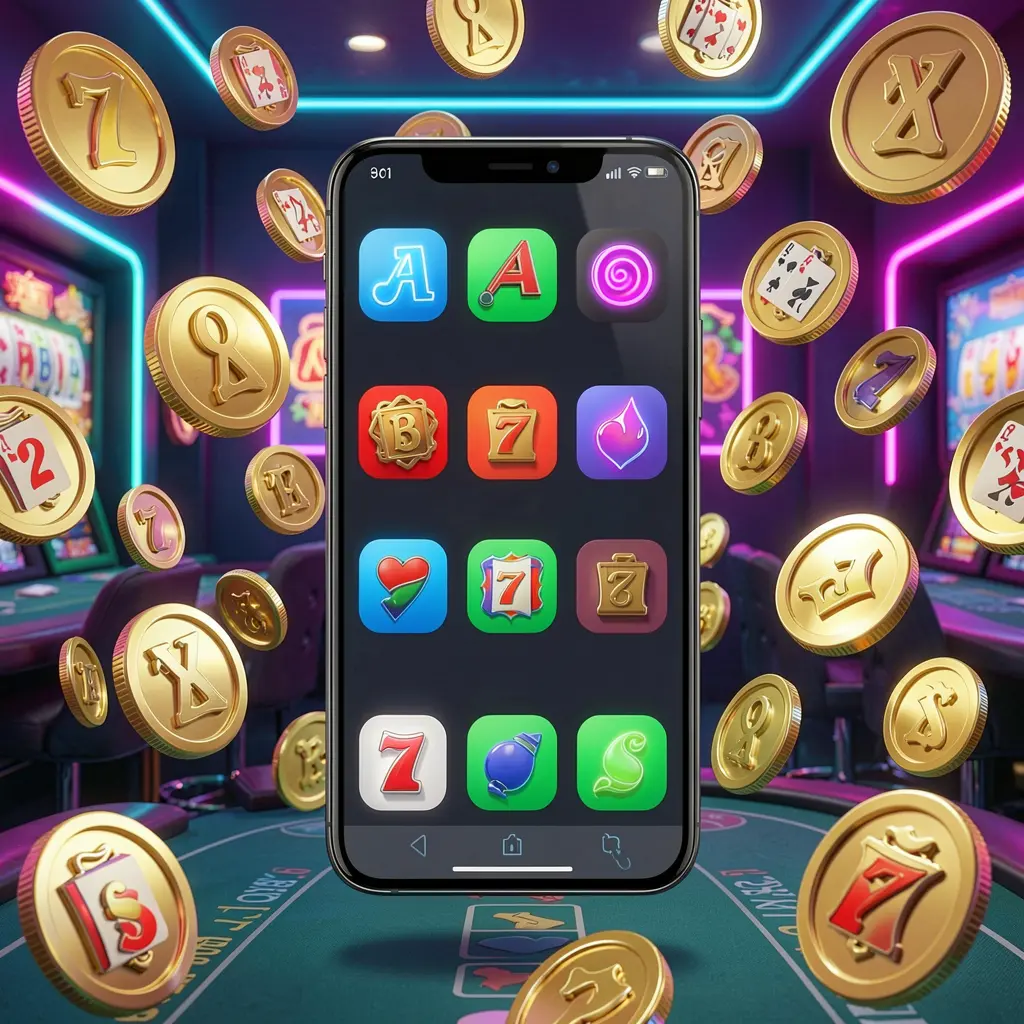VEXO7 Android casino app concept displayed on a modern phone with app icons, surrounded by golden coins and slot symbols floating in a neon casino atmosphere, realistic 3D render