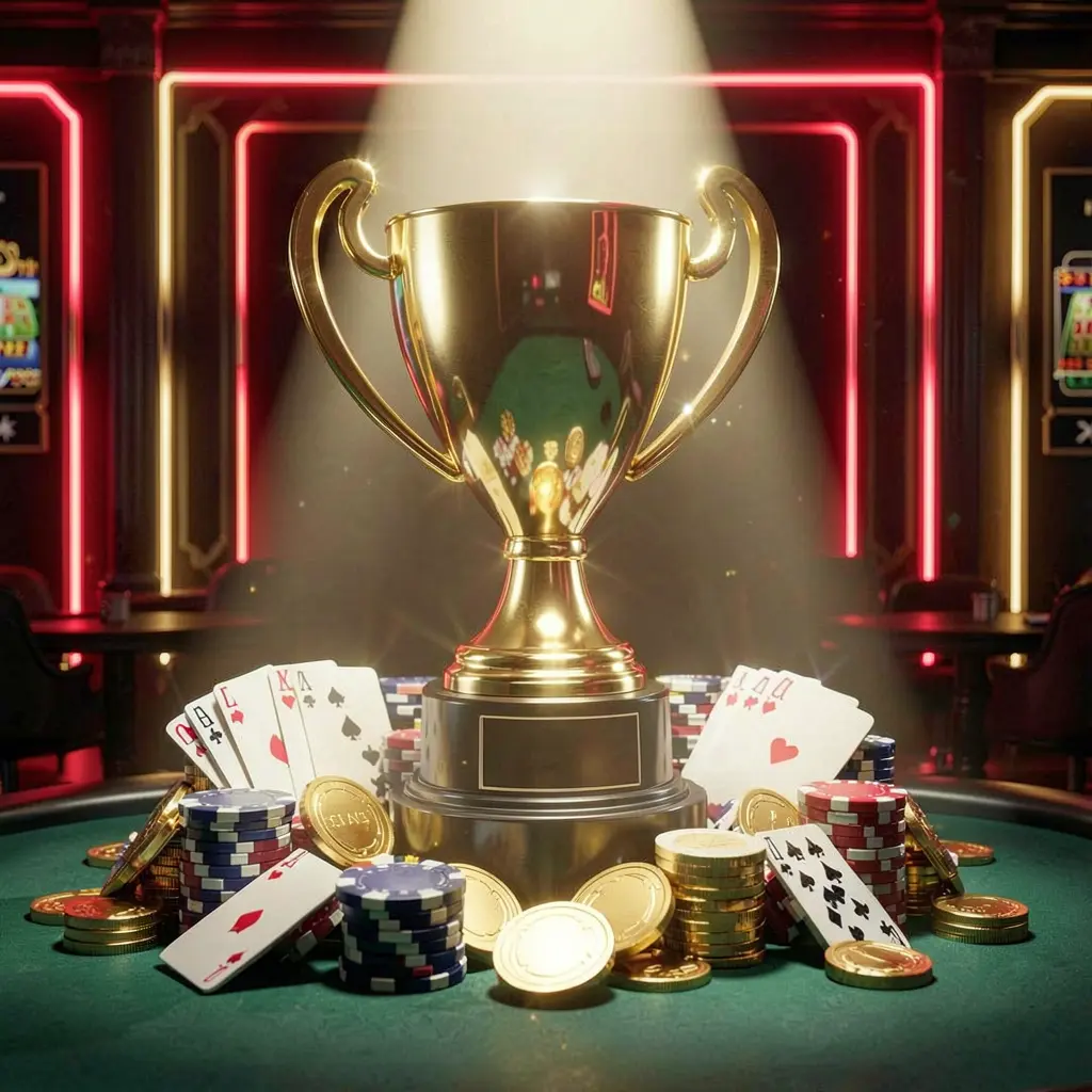 VEXO7 casino tournament bonus concept featuring a golden trophy surrounded by poker chips, playing cards, and coins under a bright spotlight in a competitive luxury casino atmosphere with dark background and red and gold neon accents