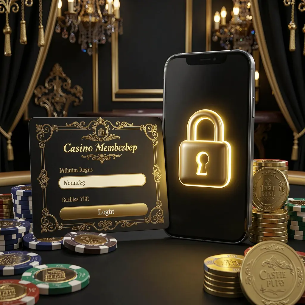 VEXO7 casino member login concept showing a premium membership card beside a smartphone with a glowing lock symbol, poker chips and coins on a black and gold luxury background in a realistic 3D illustration