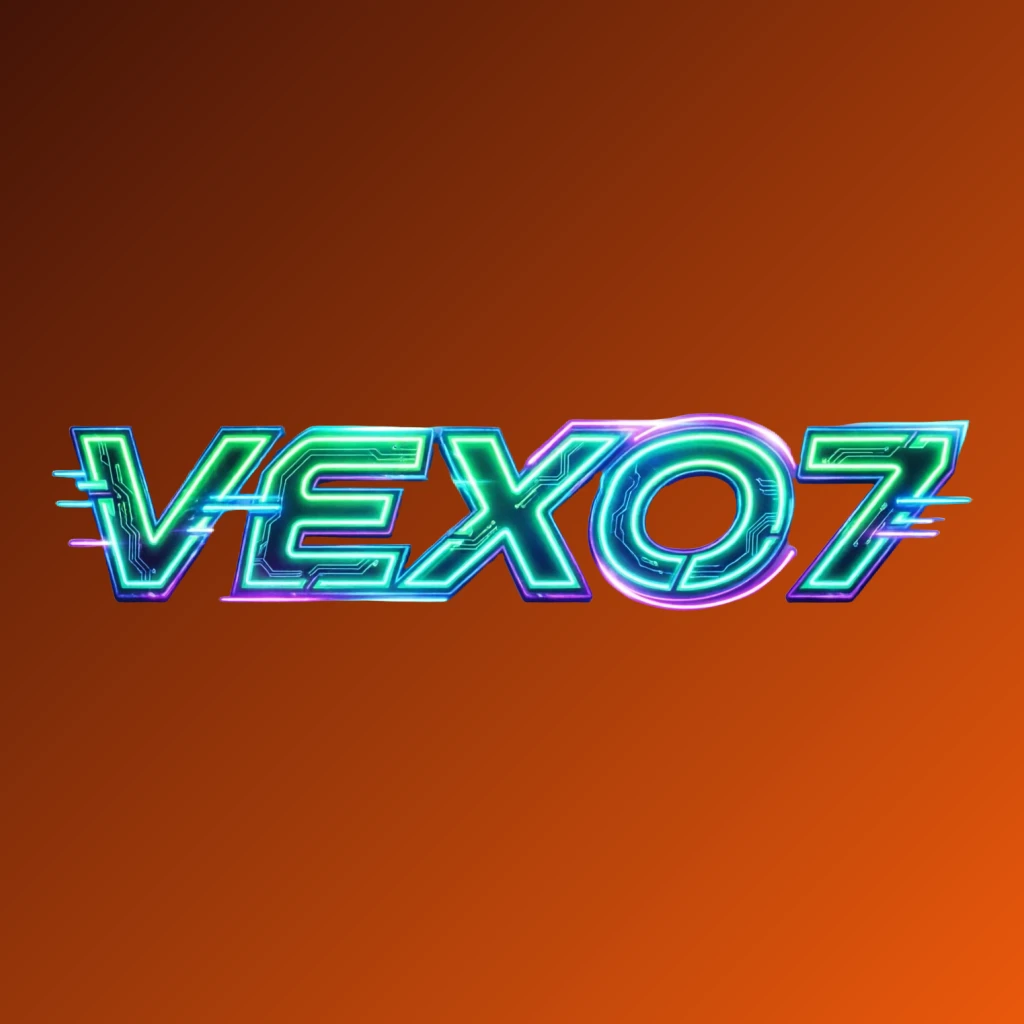Futuristic neon logo for VEXO7 with thick angular typography in vivid green, blue, and purple glow, featuring sharp tech-inspired details on a transparent background, designed as a wide horizontal rectangular wordmark for a website header