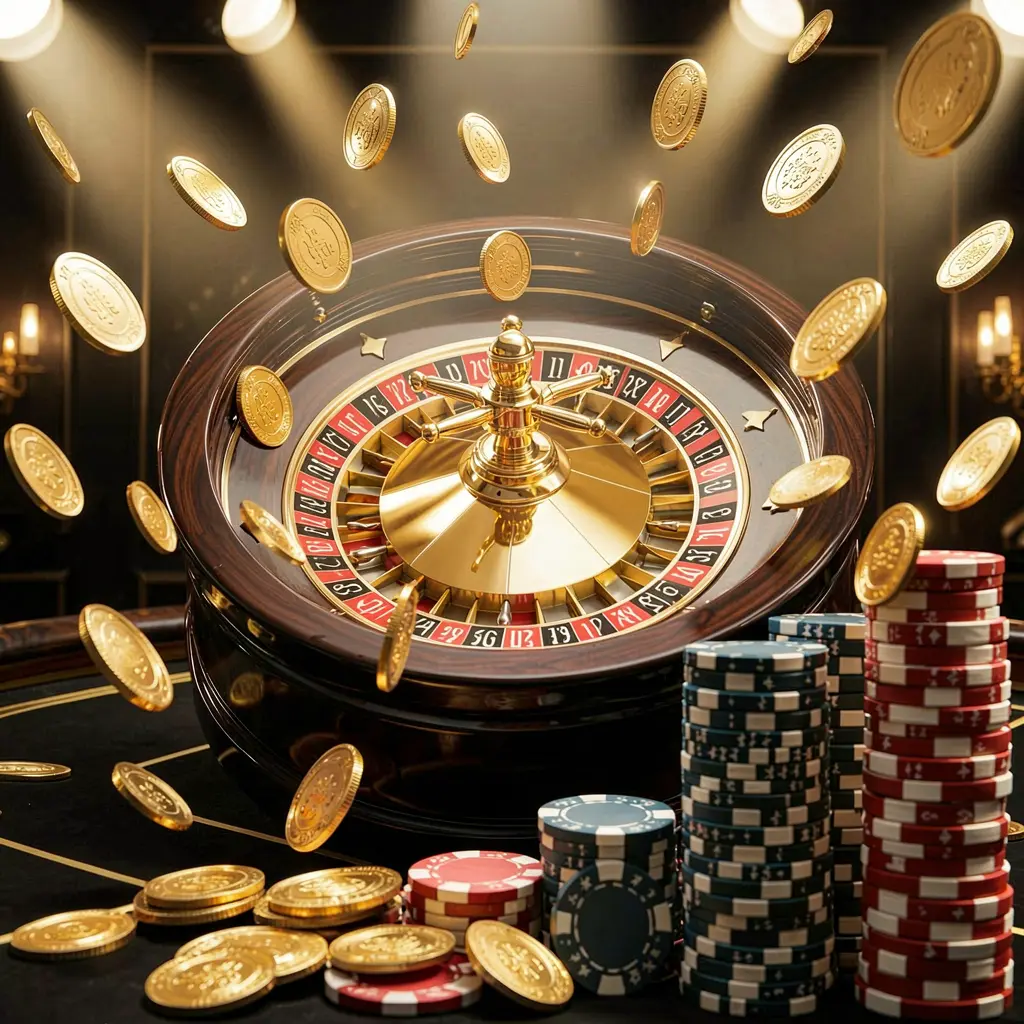 VEXO7 online casino main page background featuring dramatic casino lights, golden coins flying, stacked poker chips in the foreground, and a roulette wheel behind in a luxury black and gold atmosphere